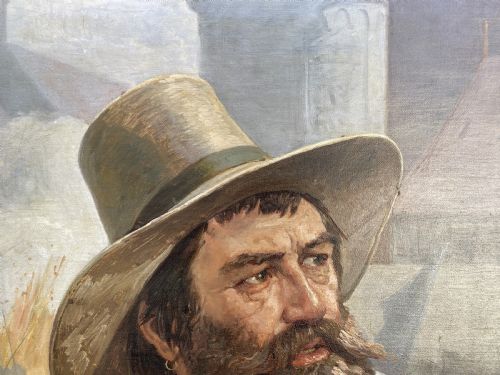 fig 5. A framed 19th-century oil painting on canvas depicting a bearded man in a wide-brimmed hat and lace collar, signed by Danish artist Frederick Christian Lund.