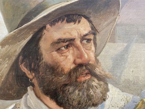 fig 6. A framed 19th-century oil painting on canvas depicting a bearded man in a wide-brimmed hat and lace collar, signed by Danish artist Frederick Christian Lund.