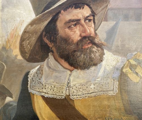 fig 7. A framed 19th-century oil painting on canvas depicting a bearded man in a wide-brimmed hat and lace collar, signed by Danish artist Frederick Christian Lund.