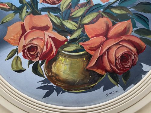 fig 2. Fabulous c. 1960 Vintage Circular Framed Floral Still Life Oil Painting (1of2)