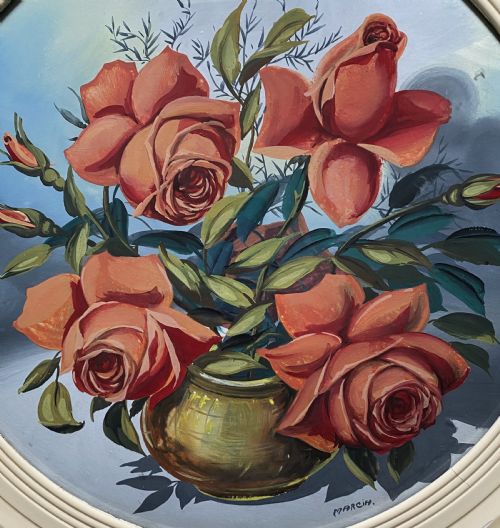 fig 4. Fabulous c. 1960 Vintage Circular Framed Floral Still Life Oil Painting (1of2)
