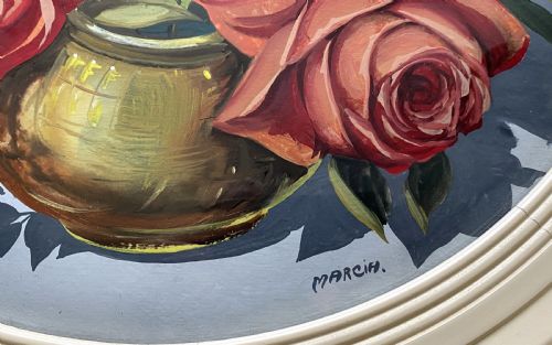 fig 6. Fabulous c. 1960 Vintage Circular Framed Floral Still Life Oil Painting (1of2)