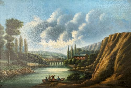 fig 1. A 19th-century Italian School oil painting depicting a lakeside landscape with figures in a boat, towering cliffs, and a clouded blue sky inside a gilt frame.