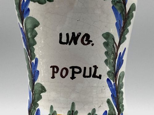 fig 5. A pair of white tin-glazed ceramic albarello apothecary jars featuring hand-painted green foliage wreaths and Latin script on pedestal bases.