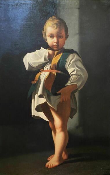 fig 1. An eighteenth-century Baroque style oil painting on canvas depicting a standing young child dressed in a white tunic and green vest, set within a carved gilt frame.