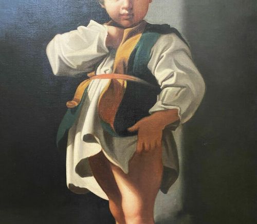 fig 6. An eighteenth-century Baroque style oil painting on canvas depicting a standing young child dressed in a white tunic and green vest, set within a carved gilt frame.