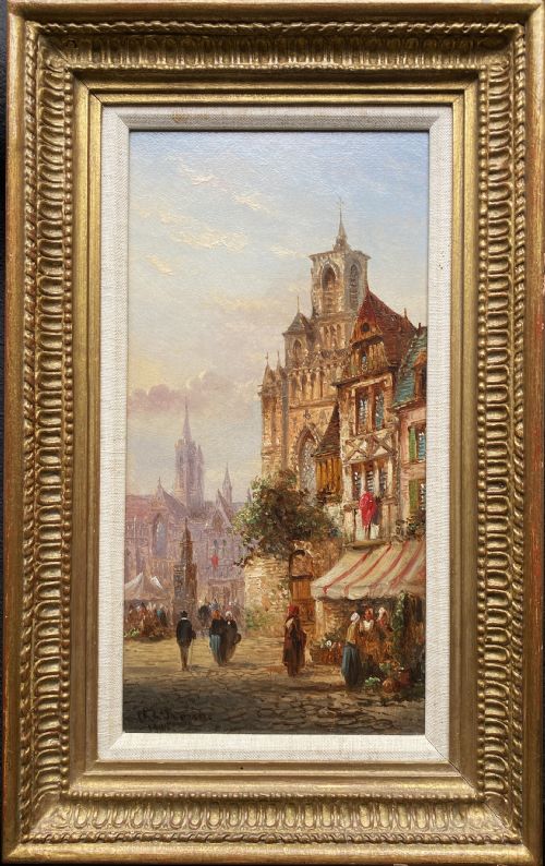 Felice Auguste Rezia (1835-1907) Market Day Cityscape Oil Painting (1of2)