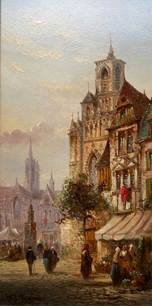 fig 1. Felice Auguste Rezia (1835-1907) Market Day Cityscape Oil Painting (1of2)
