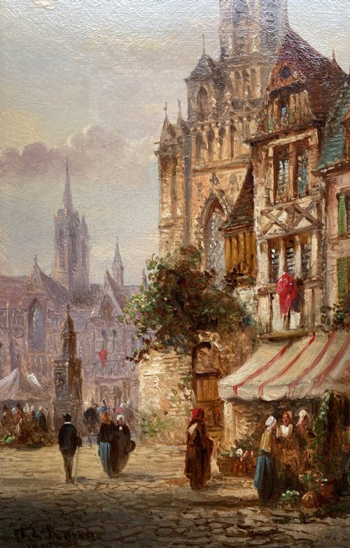 fig 2. Felice Auguste Rezia (1835-1907) Market Day Cityscape Oil Painting (1of2)