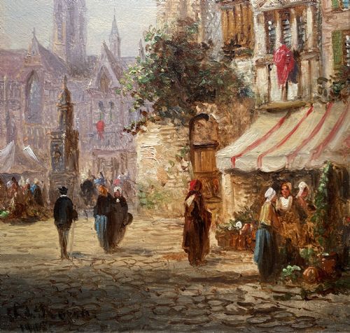 fig 6. Felice Auguste Rezia (1835-1907) Market Day Cityscape Oil Painting (1of2)