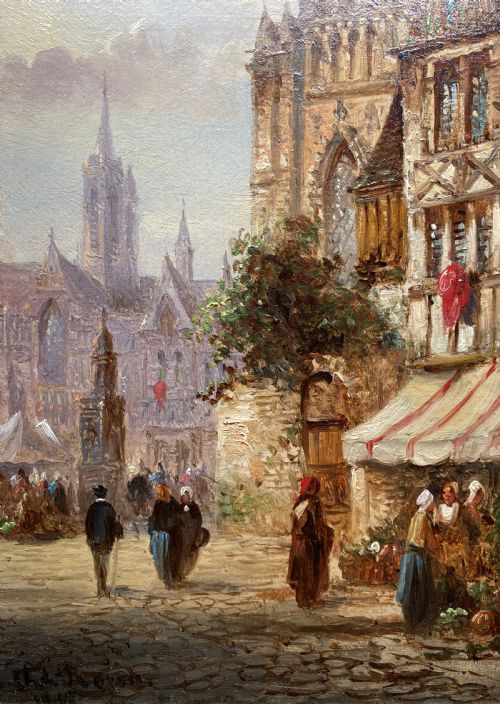 fig 7. Felice Auguste Rezia (1835-1907) Market Day Cityscape Oil Painting (1of2)