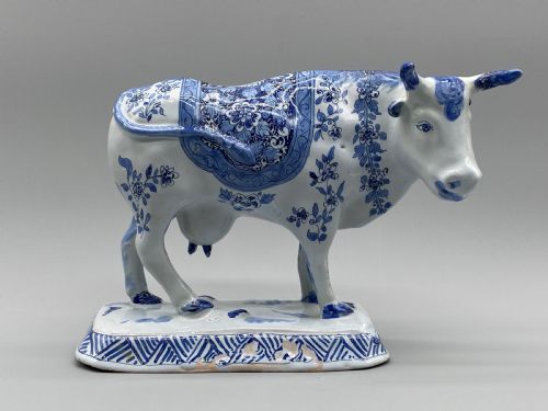 Circa 1900 Dutch Delft Blue & White Chinoiserie Faience Cow