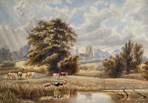 fig 1. 19th Century Antique British School Farming Landscape Watercolour Painting