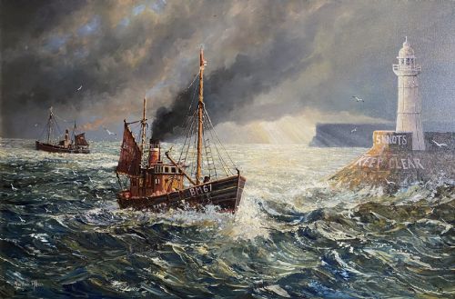 fig 1. A framed oil painting depicting fishing trawlers navigating choppy sea waters near a lighthouse breakwater under a stormy sky.