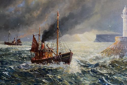 fig 2. A framed oil painting depicting fishing trawlers navigating choppy sea waters near a lighthouse breakwater under a stormy sky.