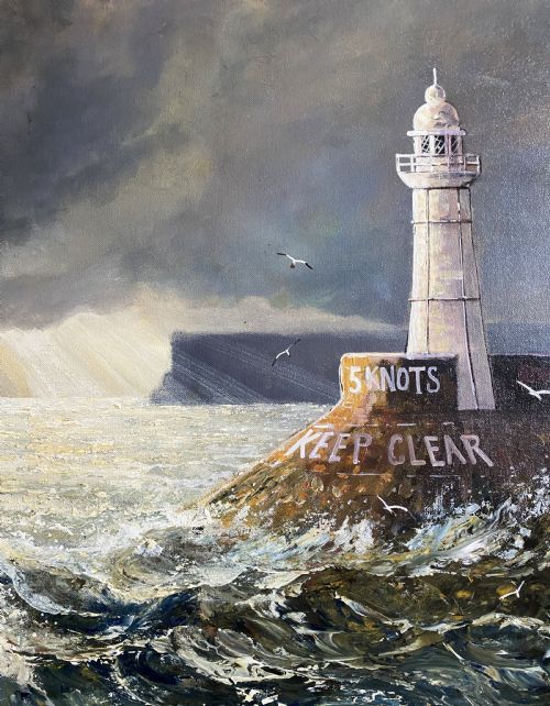 fig 4. A framed oil painting depicting fishing trawlers navigating choppy sea waters near a lighthouse breakwater under a stormy sky.