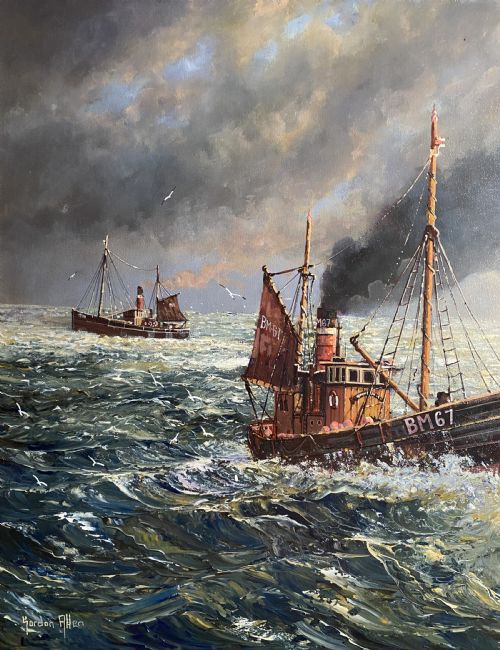 fig 6. A framed oil painting depicting fishing trawlers navigating choppy sea waters near a lighthouse breakwater under a stormy sky.