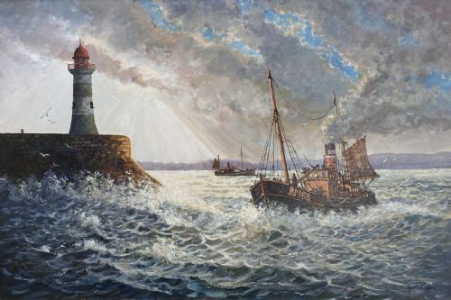 fig 1. A framed oil painting depicting a fishing trawler navigating choppy waves near a stone harbour lighthouse under a cloud-filled sky.