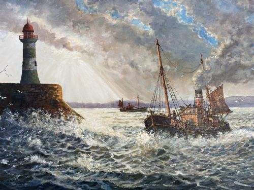 fig 2. A framed oil painting depicting a fishing trawler navigating choppy waves near a stone harbour lighthouse under a cloud-filled sky.