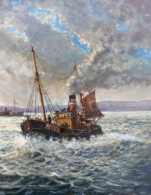 fig 3. A framed oil painting depicting a fishing trawler navigating choppy waves near a stone harbour lighthouse under a cloud-filled sky.