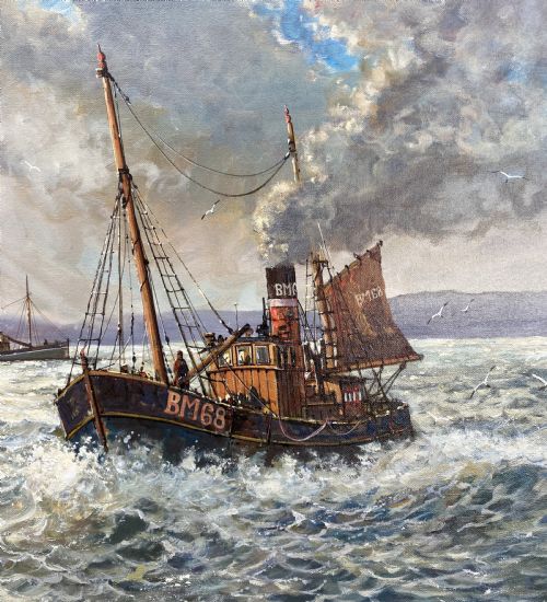 fig 4. A framed oil painting depicting a fishing trawler navigating choppy waves near a stone harbour lighthouse under a cloud-filled sky.