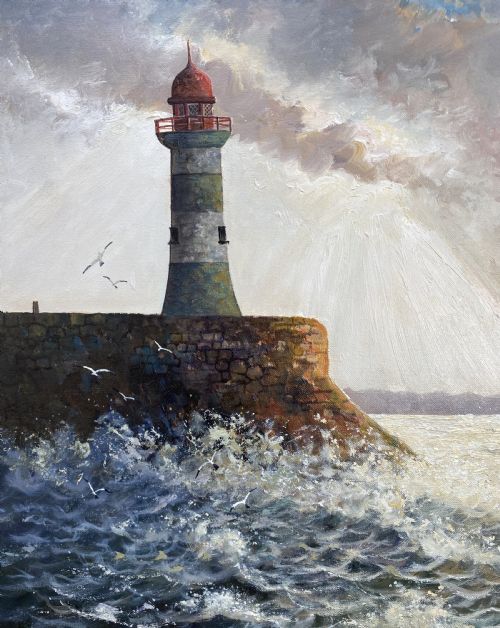 fig 5. A framed oil painting depicting a fishing trawler navigating choppy waves near a stone harbour lighthouse under a cloud-filled sky.