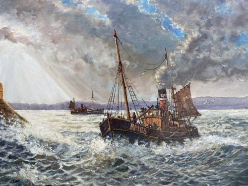fig 6. A framed oil painting depicting a fishing trawler navigating choppy waves near a stone harbour lighthouse under a cloud-filled sky.