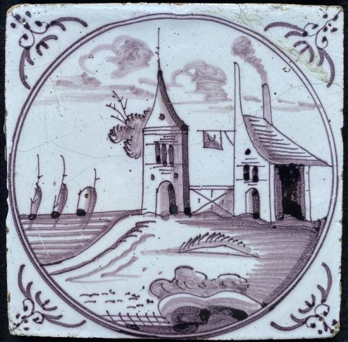 fig 1. Circa 1770 Set 4 Purple (Manganese) Dutch Delft Tiles with Landscapes