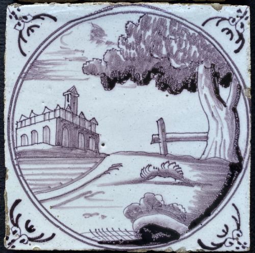 fig 2. Circa 1770 Set 4 Purple (Manganese) Dutch Delft Tiles with Landscapes
