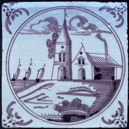 fig 3. Circa 1770 Set 4 Purple (Manganese) Dutch Delft Tiles with Landscapes