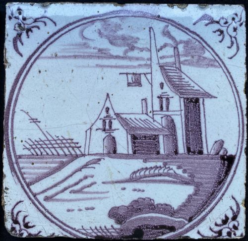 fig 4. Circa 1770 Set 4 Purple (Manganese) Dutch Delft Tiles with Landscapes