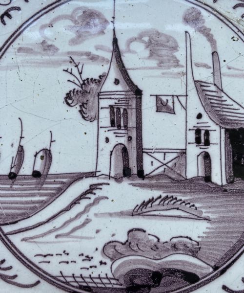 fig 5. Circa 1770 Set 4 Purple (Manganese) Dutch Delft Tiles with Landscapes