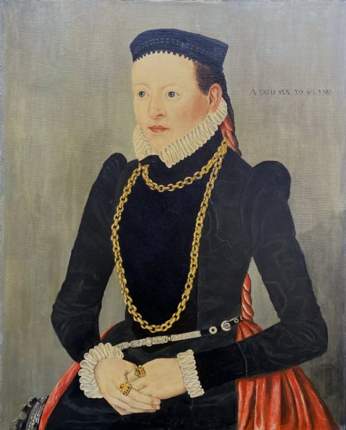 Primitive 16th-century Style Female Oil on Canvas Portrait Painting Circa 1960