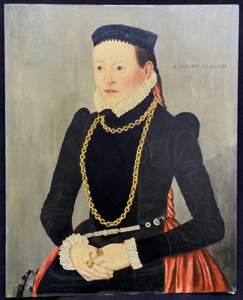 fig 1. Primitive 16th-Century Style Female Oil on Canvas Portrait Painting circa 1960