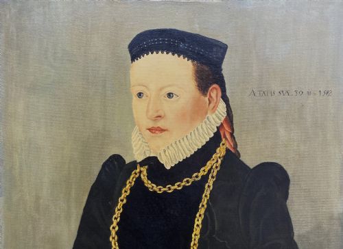 fig 2. Primitive 16th-Century Style Female Oil on Canvas Portrait Painting circa 1960