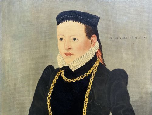 fig 3. Primitive 16th-Century Style Female Oil on Canvas Portrait Painting circa 1960