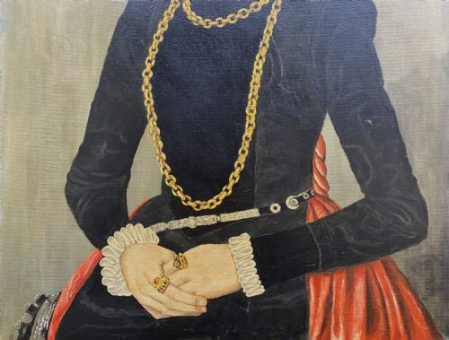 fig 6. Primitive 16th-Century Style Female Oil on Canvas Portrait Painting circa 1960