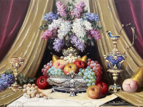 fig 2. A framed oil painting on canvas depicting a table with fruit, lilacs in a central vase, silver ewers, and draped gold and burgundy fabrics.