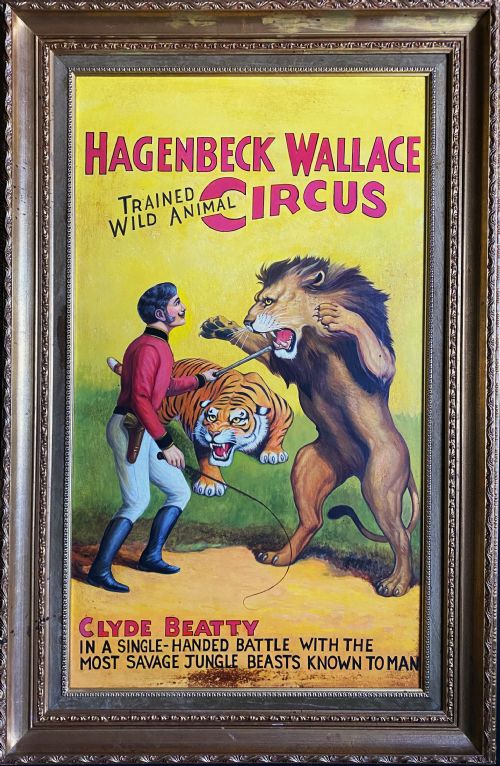 Rare, Large Antique Circus Lion & Tiger Trainer Oil Painting - Mid-20th-century