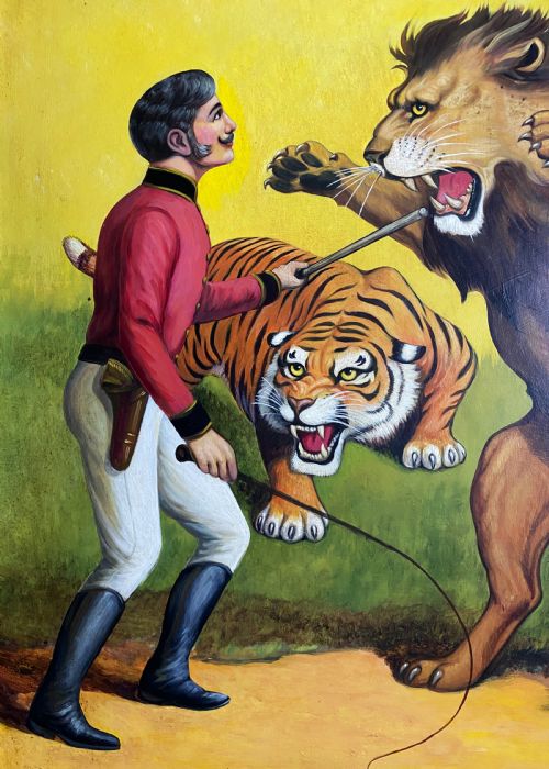 fig 5. A framed mid-twentieth-century oil painting depicting a lion tamer confronting a roaring lion and a tiger against a yellow background with bold red circus lettering.