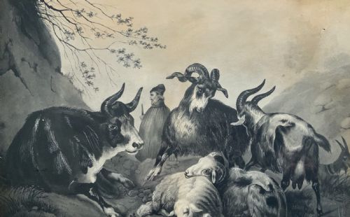 fig 2. An early 19th-century monochrome pastoral artwork framed in gold, depicting a shepherd with cattle, goats, and sheep in a rocky landscape.