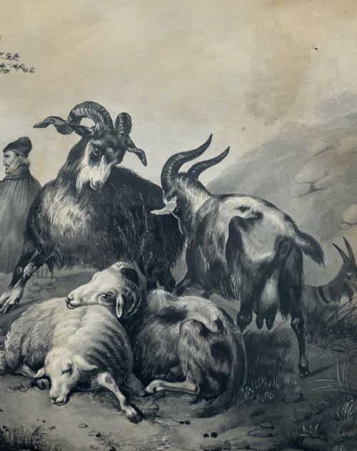 fig 4. An early 19th-century monochrome pastoral artwork framed in gold, depicting a shepherd with cattle, goats, and sheep in a rocky landscape.