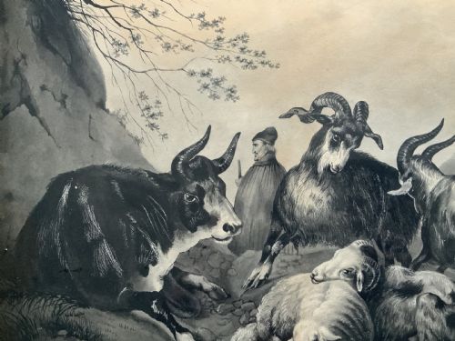 fig 7. An early 19th-century monochrome pastoral artwork framed in gold, depicting a shepherd with cattle, goats, and sheep in a rocky landscape.