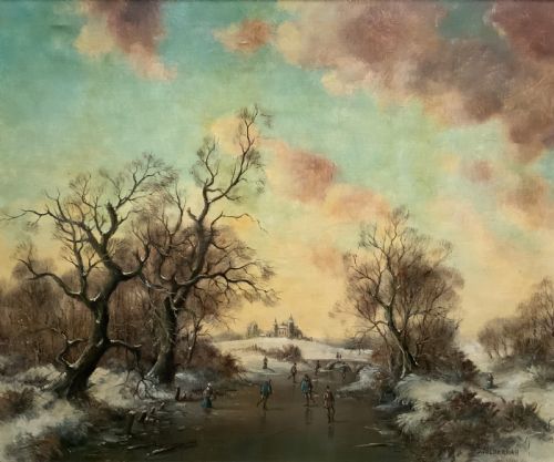 fig 1. Superb Mid-Century Dutch Frozen Lake Winter Landscape Oil Painting circa 1960