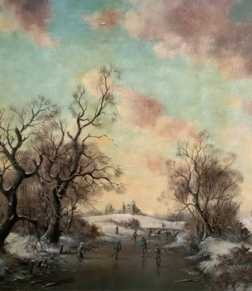 fig 2. Superb Mid-Century Dutch Frozen Lake Winter Landscape Oil Painting circa 1960