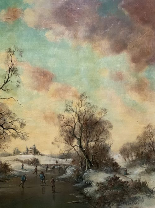 fig 3. Superb Mid-Century Dutch Frozen Lake Winter Landscape Oil Painting circa 1960