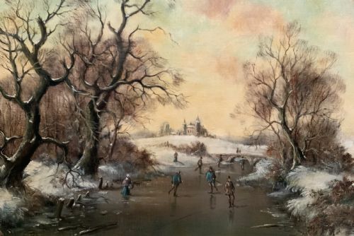 fig 4. Superb Mid-Century Dutch Frozen Lake Winter Landscape Oil Painting circa 1960