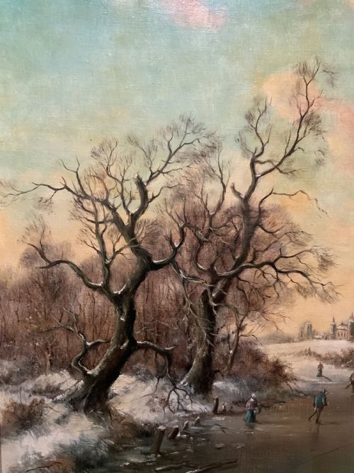 fig 5. Superb Mid-Century Dutch Frozen Lake Winter Landscape Oil Painting circa 1960