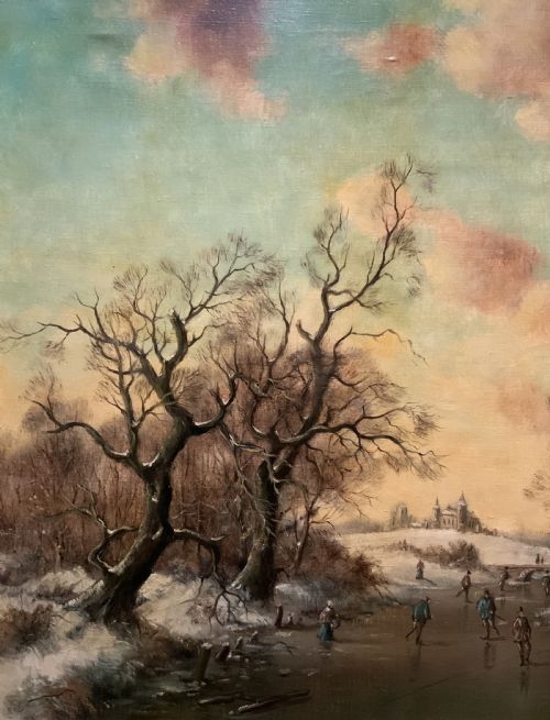 fig 6. Superb Mid-Century Dutch Frozen Lake Winter Landscape Oil Painting circa 1960