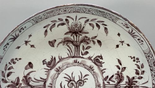 fig 2. Beautiful 18th-Century Dutch Delft Manganese Floral & Duck Painted Charger Plate